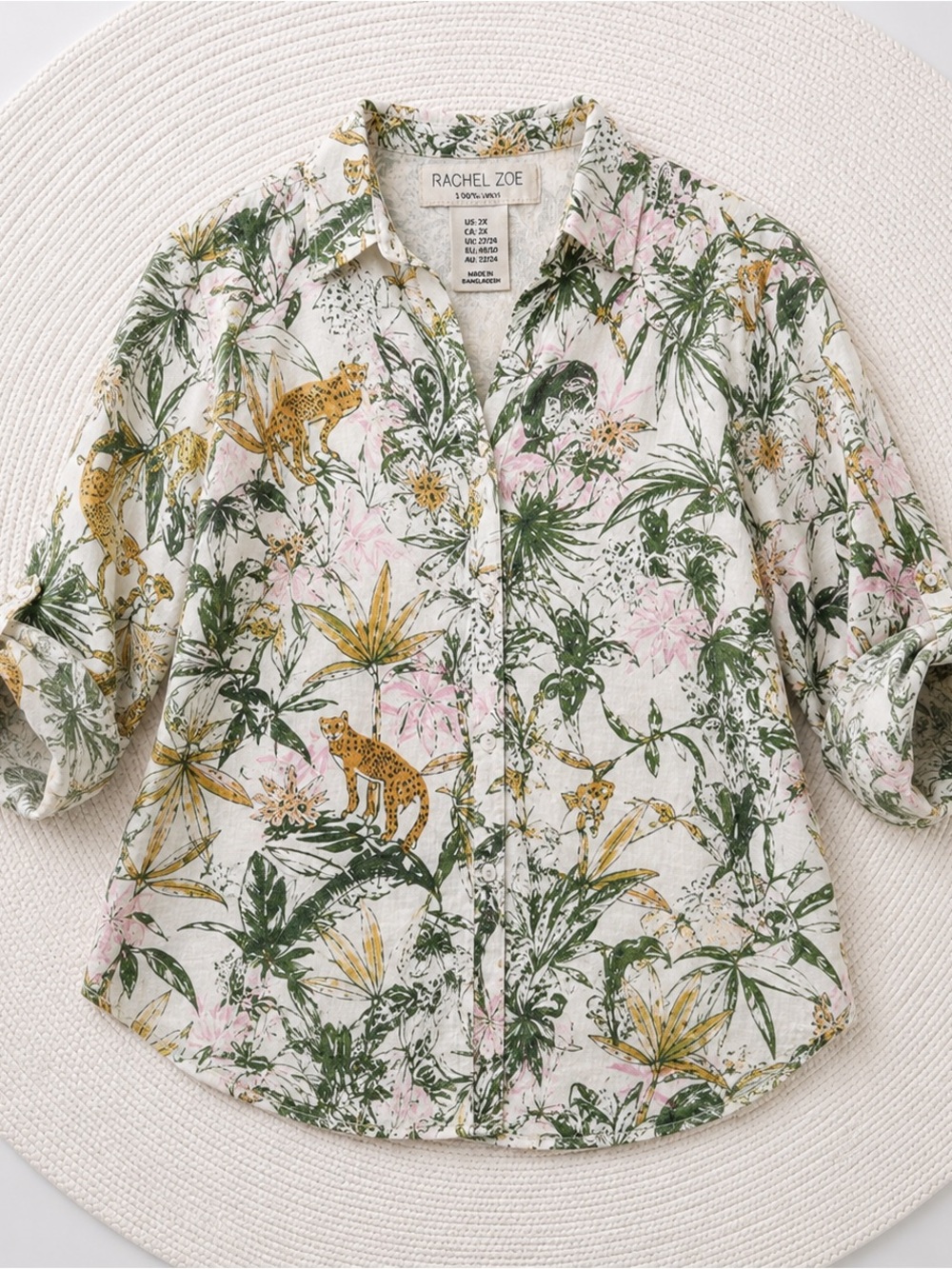 Rachel Zoe Women’s 2X 100% Linen Cheetah Tropical Jungle Button Down Shirt